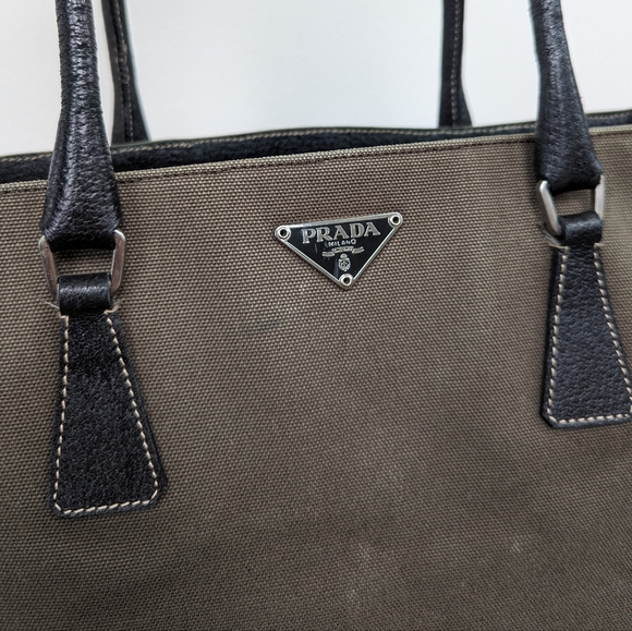 Prada dark olive green canvas and black leather shoulder bag - Picture 3 of 17